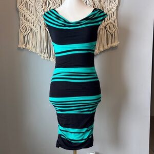 INC International Concepts Black and Teal Striped Bodycon Midi Dress